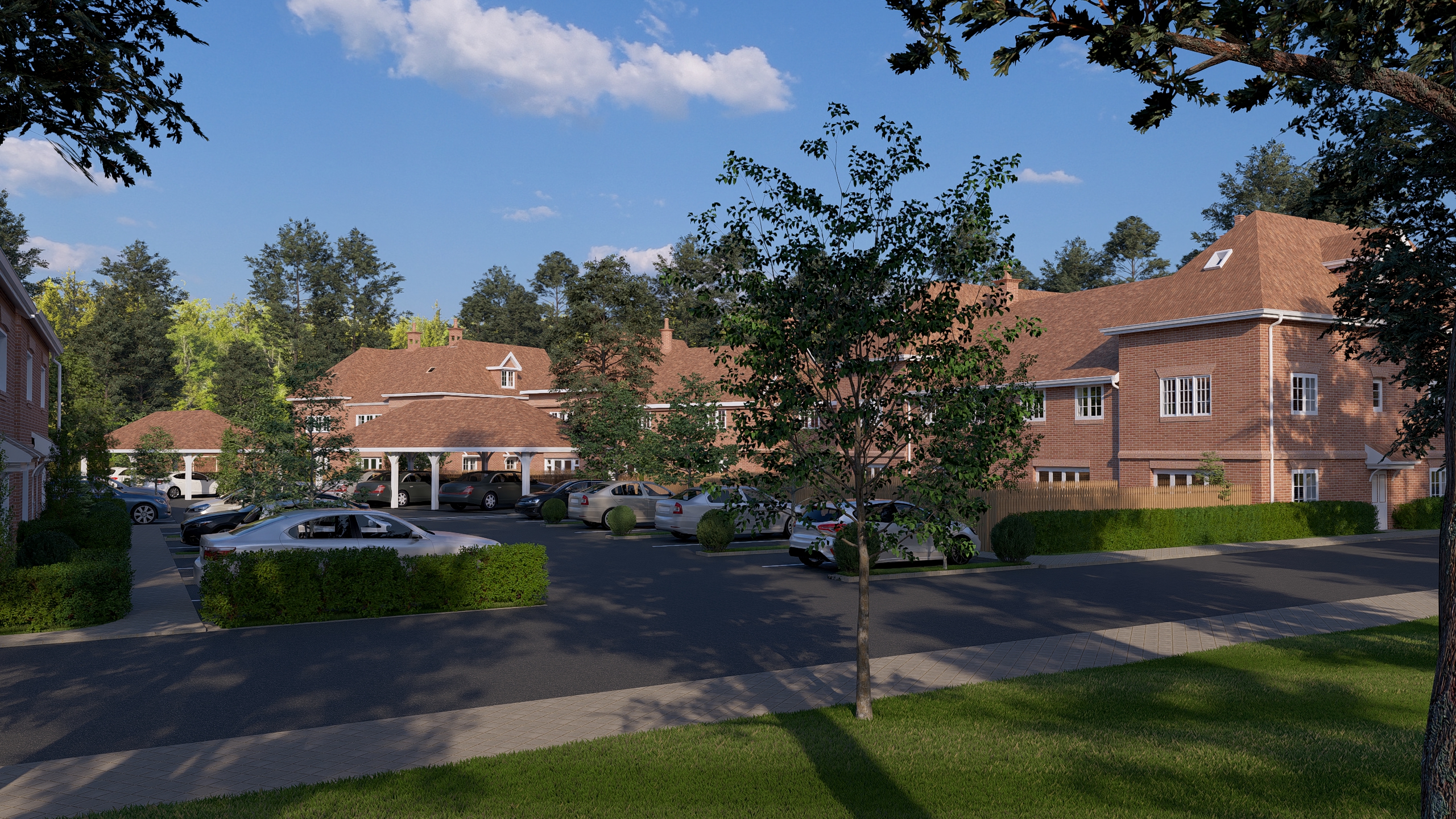 Wide street-level view of the Causeway Gardens development at dusk