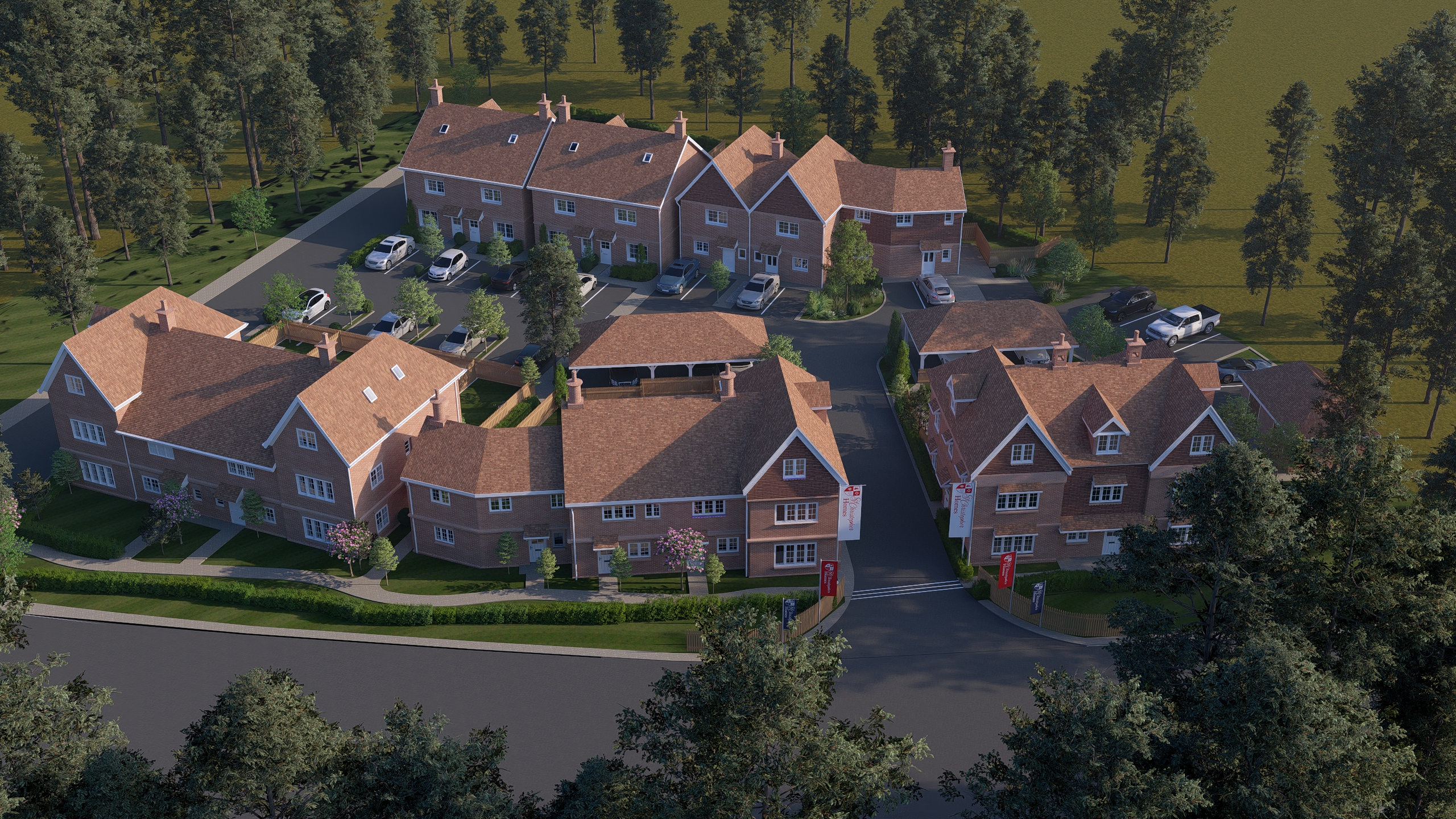 Aerial view of Causeway Gardens at dusk showing the full site layout