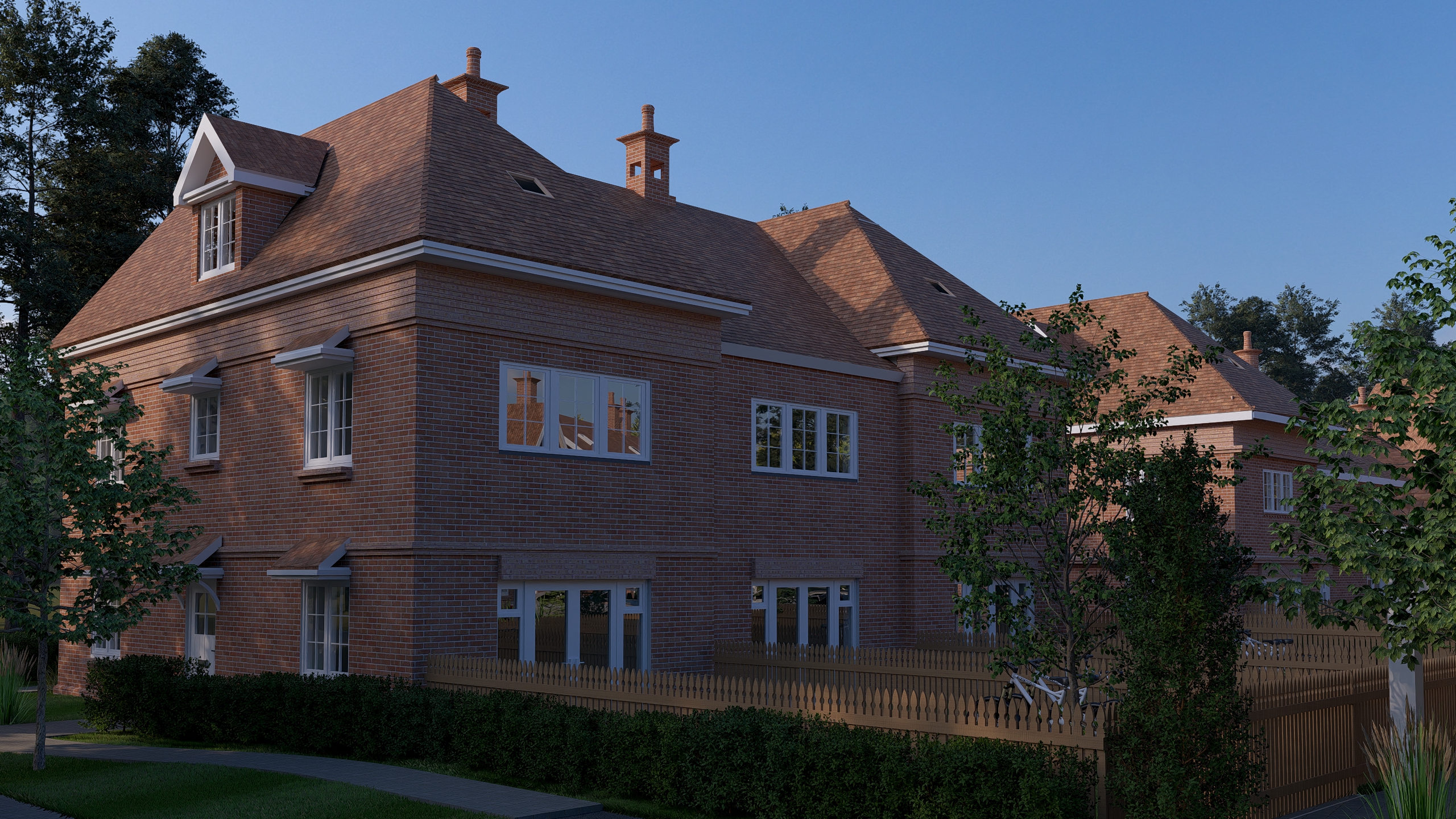 Corner elevation detail of a Causeway Gardens home at dusk