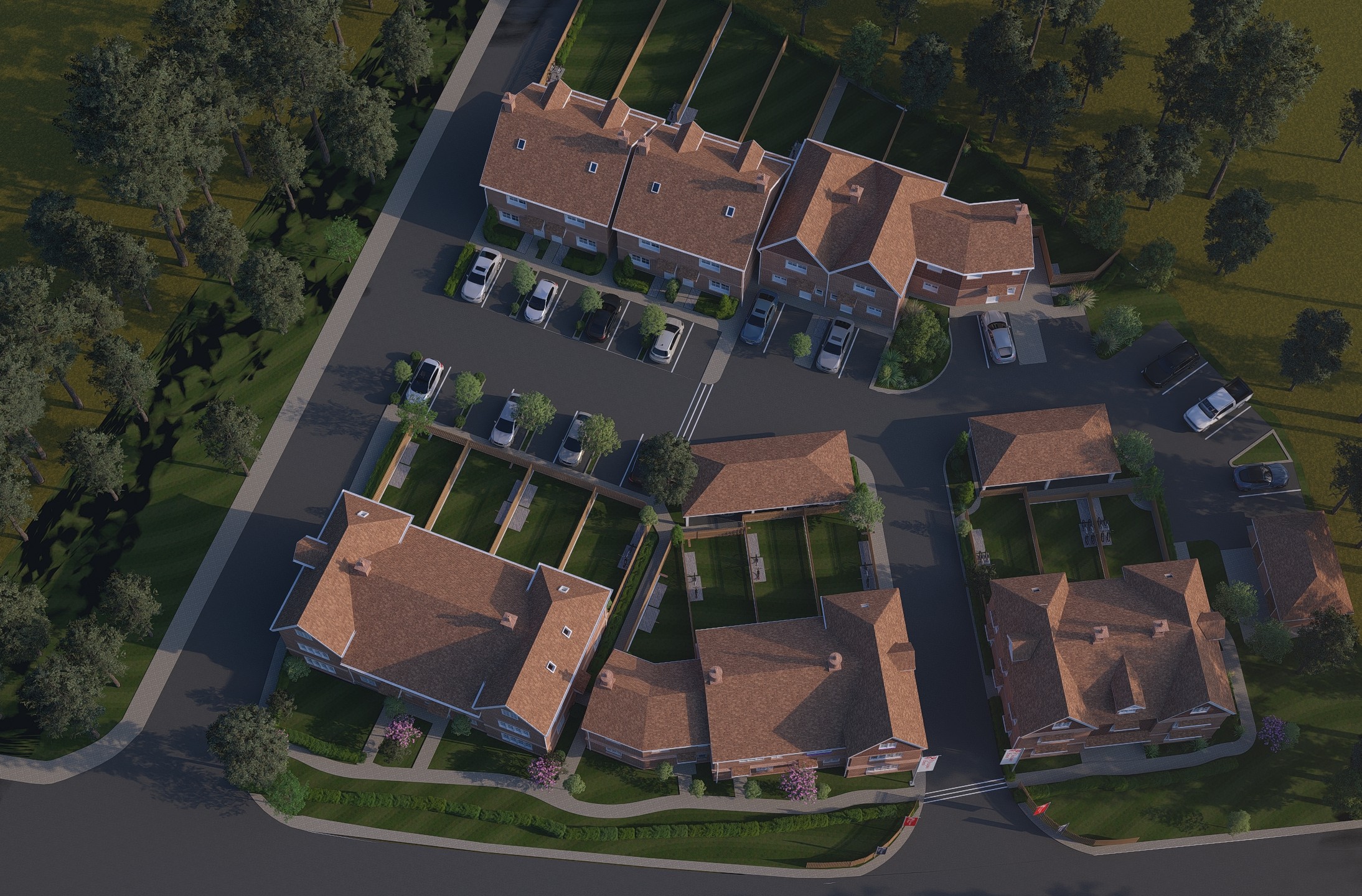 Aerial view of Causeway Gardens showing the arrangement of red-brick homes and landscaped courtyards within the Kent Weald