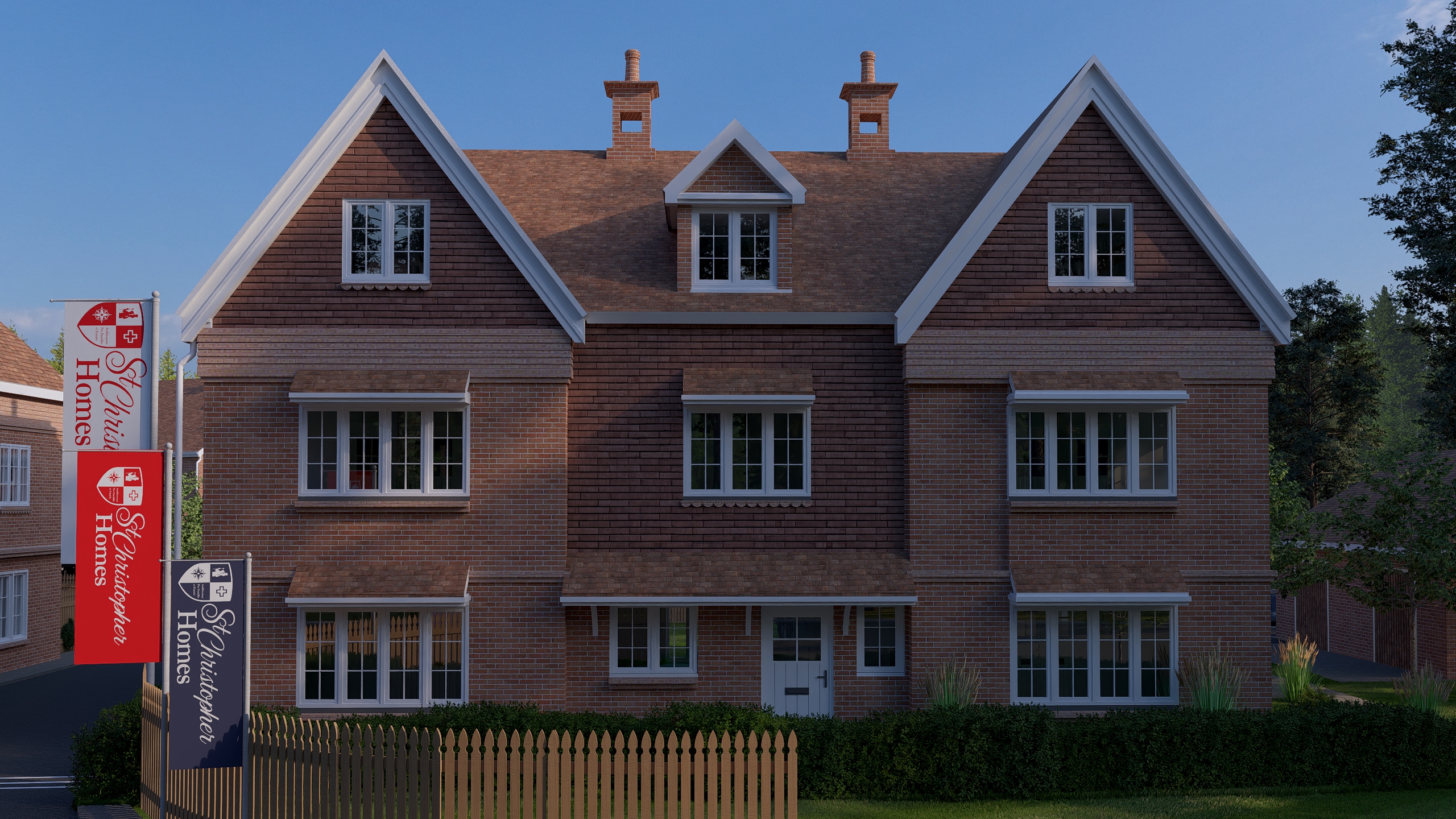 Front elevation of a gabled red-brick Causeway Gardens home at dusk