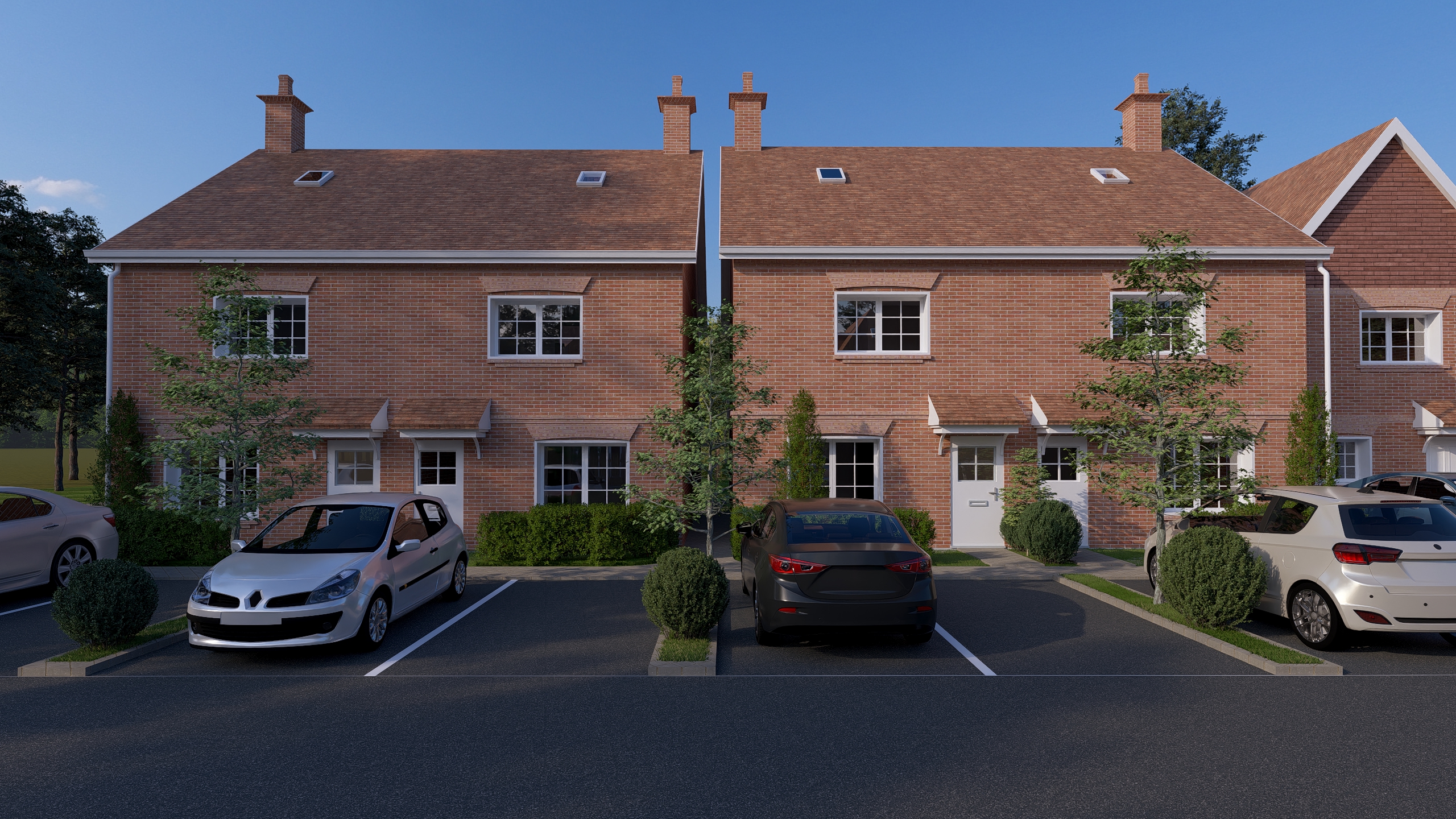 Pair of red-brick semi-detached Causeway Gardens homes with parking to the front