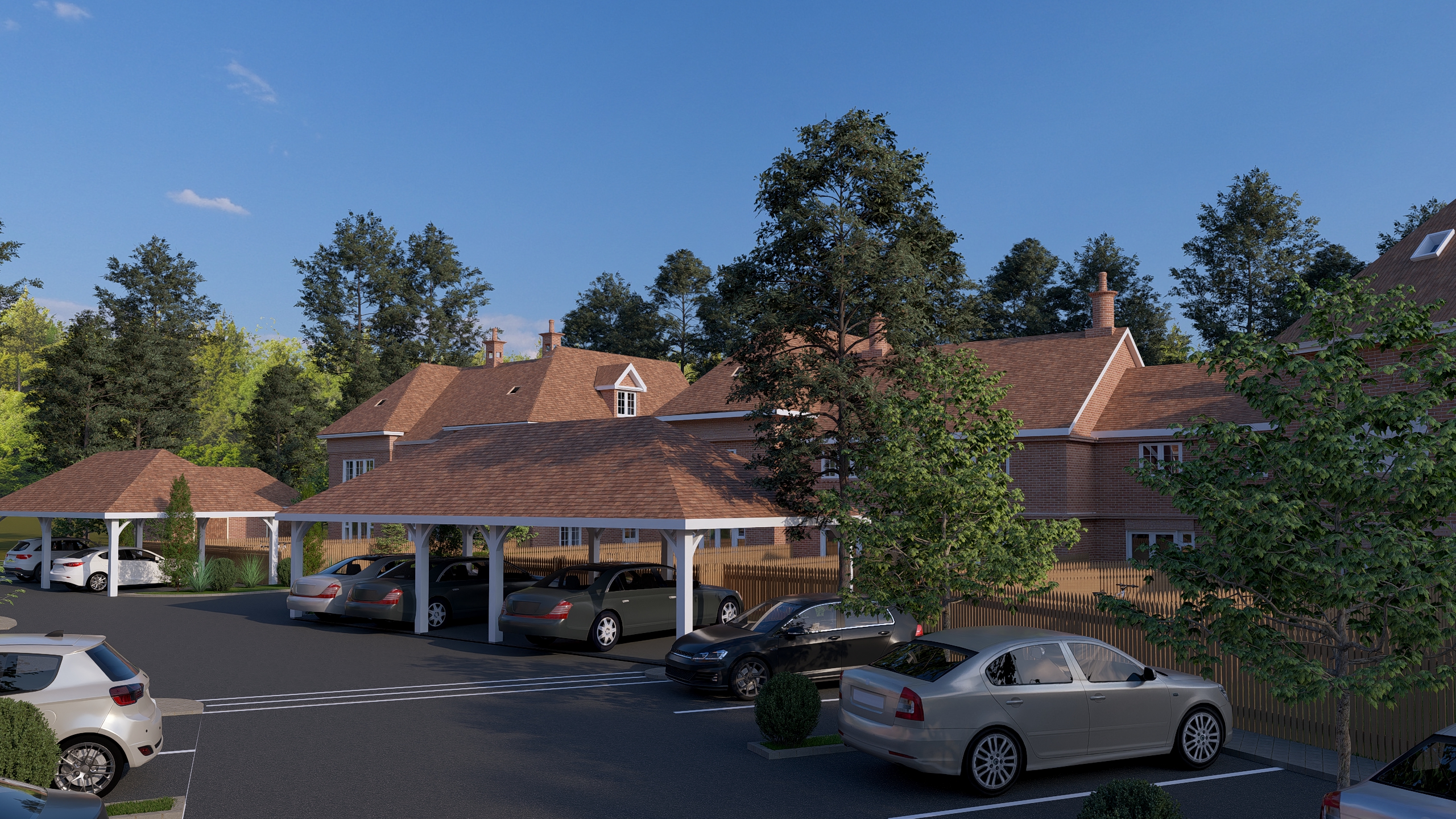 Timber carports providing parking for Causeway Gardens residents beside mature trees