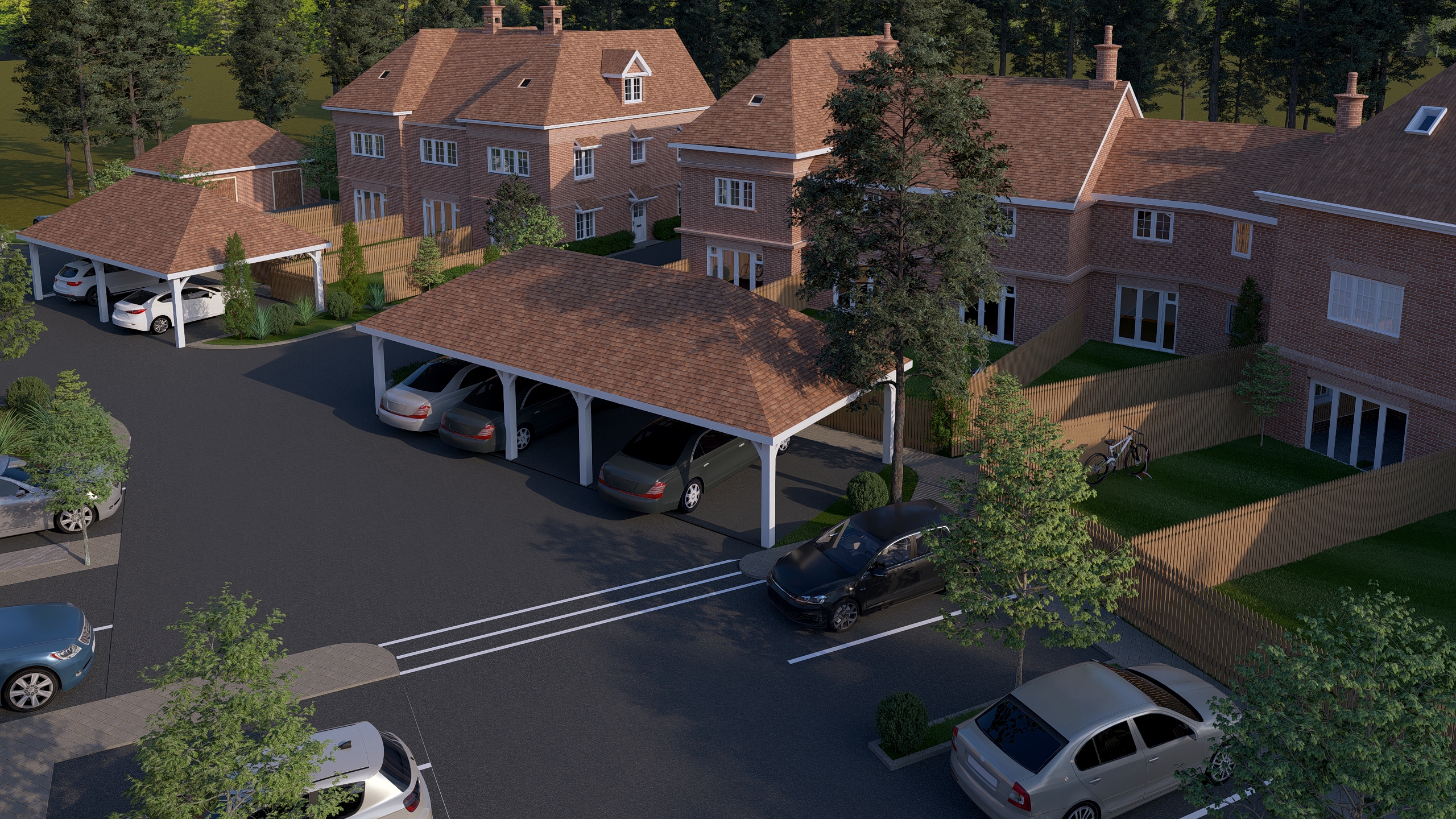 Elevated view over the Causeway Gardens carports and homes at dusk